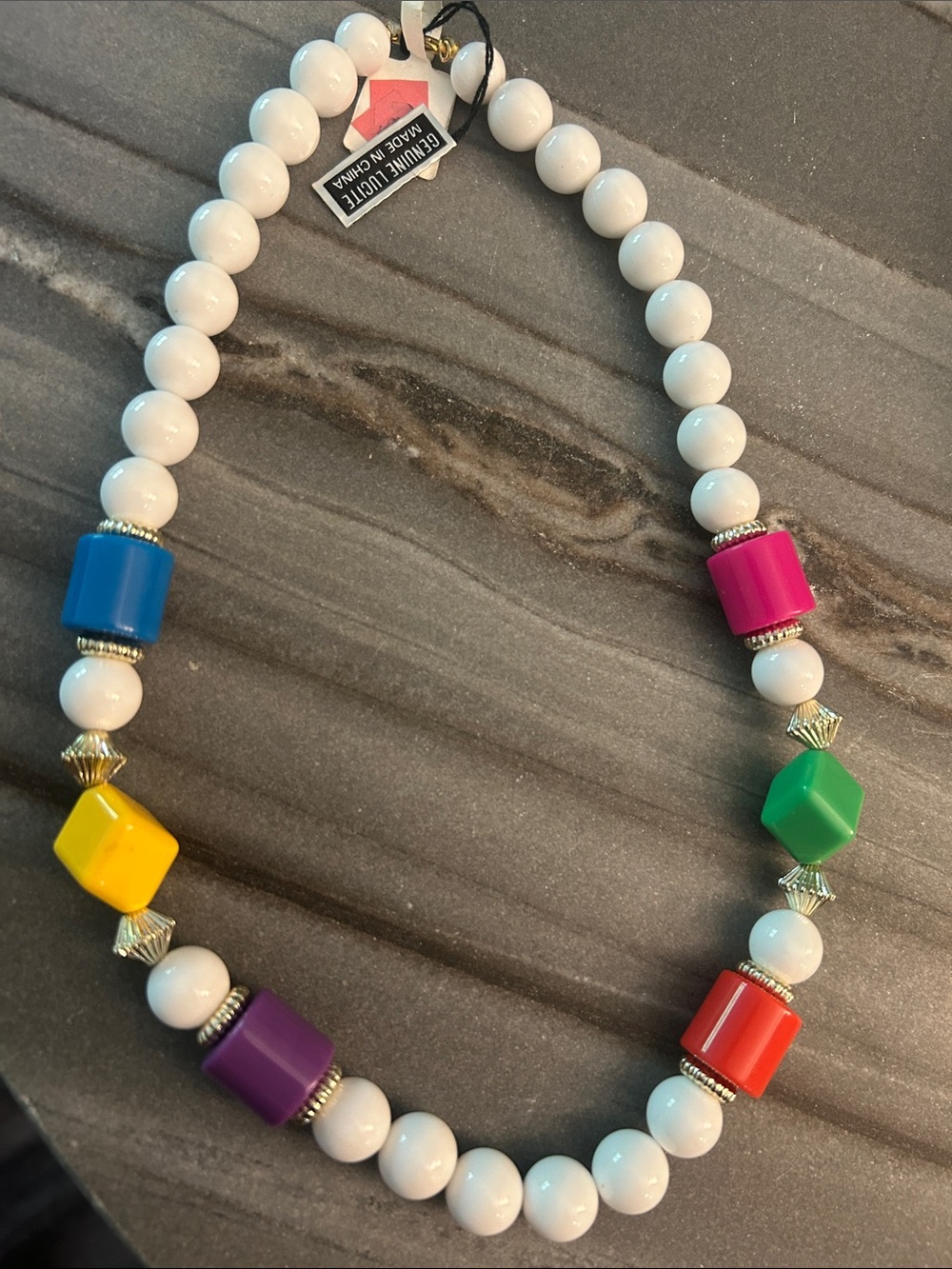 Color-Block Beaded Necklace with White Rounds, Vintage New